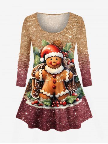 Plus Size Christmas Gingerbread Holy Fruit Leaf Sparkling Sequin 3D Print T-shirt