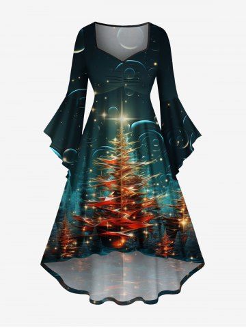 Plus Size Christmas Tree Star Glitter 3D Print Ruched Flare Sleeve High Low Dress - MULTI-A - M