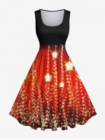 Plus Size Christmas Light Star Tassels Glitter 3D Print 1950s Vintage Dress - RED - M