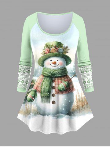 Plus Size Christmas Tree Ball Snowman Snowflake Zig Zag Geometric Floral Print Raglan Sleeve T-shirt - GREEN - 1X