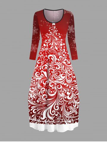 Christmas Tree Floral Snowflake Ombre Print Pockets Long Sleeve Maxi Dress - RED - XS