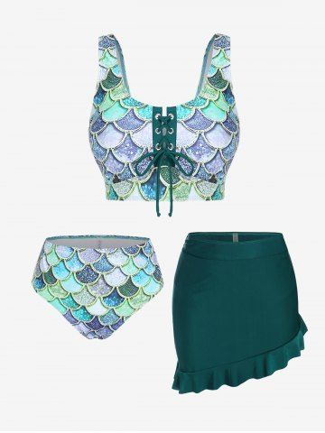 Mermaid Print Lace Up Three Piece Tankini Swimsuit - DEEP GREEN - 5X | US 30-32
