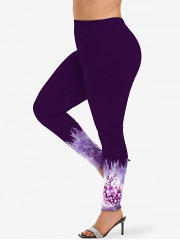Plus Size Christmas Elk Snowflake Bell Bowknot Floral Print Ombre Leggings - PURPLE - 3X
