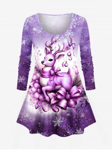 Plus Size Christmas Elk Snowflake Bell Bowknot Floral Print Ombre Long Sleeves T-shirt - PURPLE - L