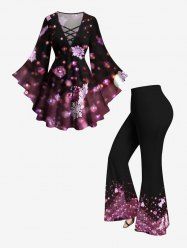 Christmas Snowflake Ombre Bubble Print Lattice Long Sleeves T-shirt and Flare Pants Plus Size Matching Set -  
