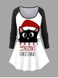 Plus Size Christmas Hat Cat Letters Print Long Sleeves T-shirt -  