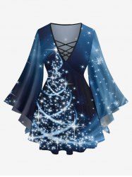 Plus Size Christmas Tree Star Glitter 3D Print Lattice Crisscross Flare Sleeve T-shirt -  