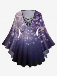 Plus Size Christmas Snowflake Glitter 3D Print Lattice Crisscross Flare Sleeve T-shirt -  