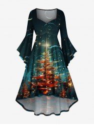 Plus Size Christmas Tree Star Glitter 3D Print Ruched Flare Sleeve High Low Dress -  