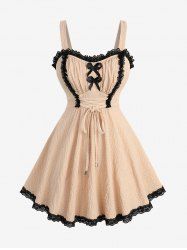 Plus Size Bowknot Lace Trim Lace-up Two Tone Textured Tank Top -  
