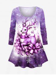 Plus Size Christmas Elk Snowflake Bell Bowknot Floral Print Ombre Long Sleeves T-shirt - Pourpre  2X