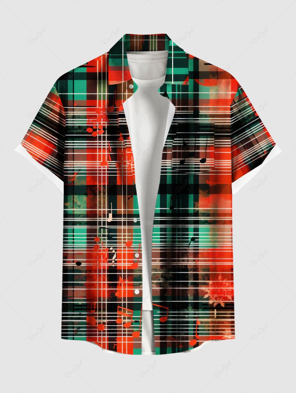 Trendy Plus Size Christmas Plaid Music Symbol Print Button Pocket Shirt For Men  