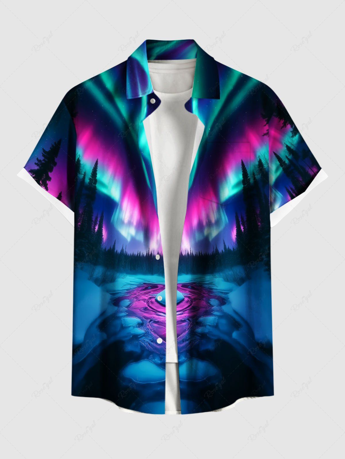 Chemise à Boutons avec Poche Kangourou Imprimé Arbre et Galaxie Colorée Grande-Taille pour Hommes Multi-A 4XL