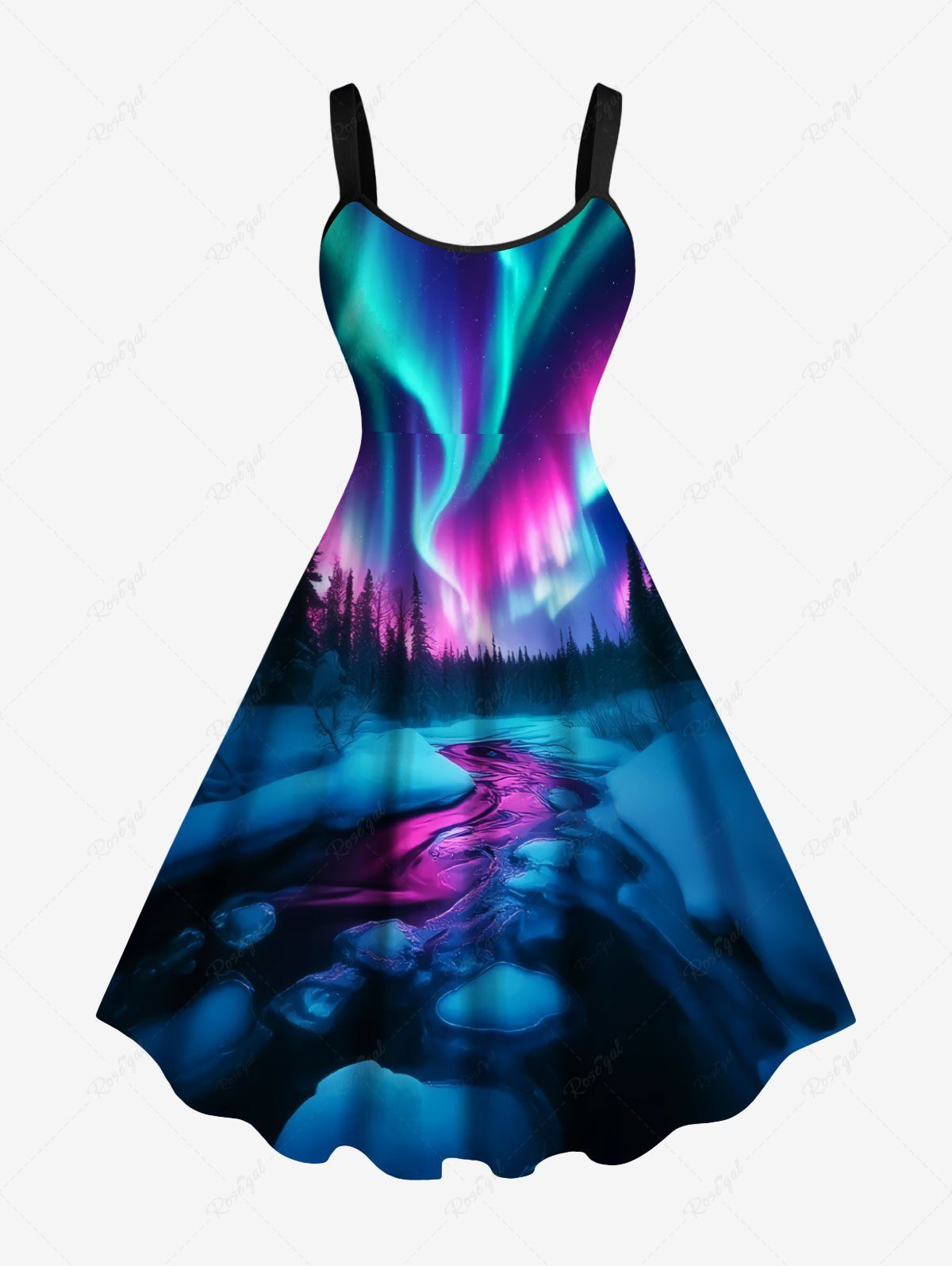Unique Plus Size Christmas Tree Colorful Aurora Galaxy River Print A Line Tank Dress  