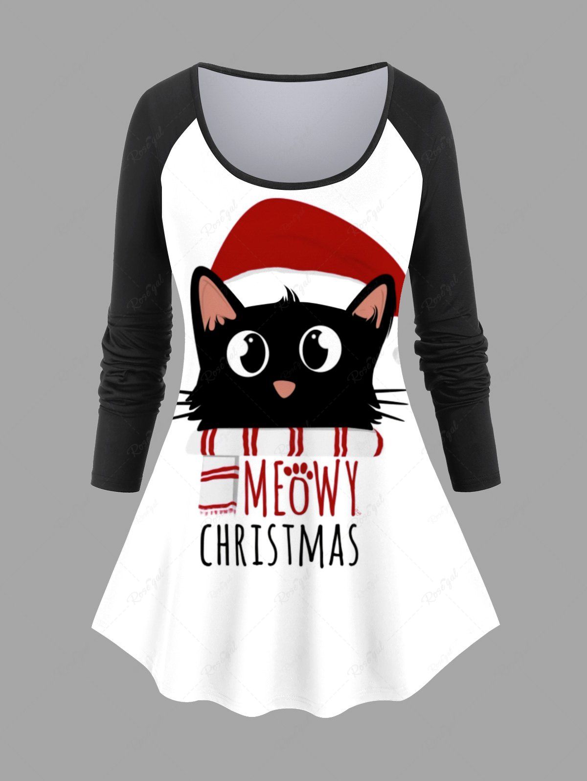 Buy Plus Size Christmas Hat Cat Letters Print Long Sleeves T-shirt  