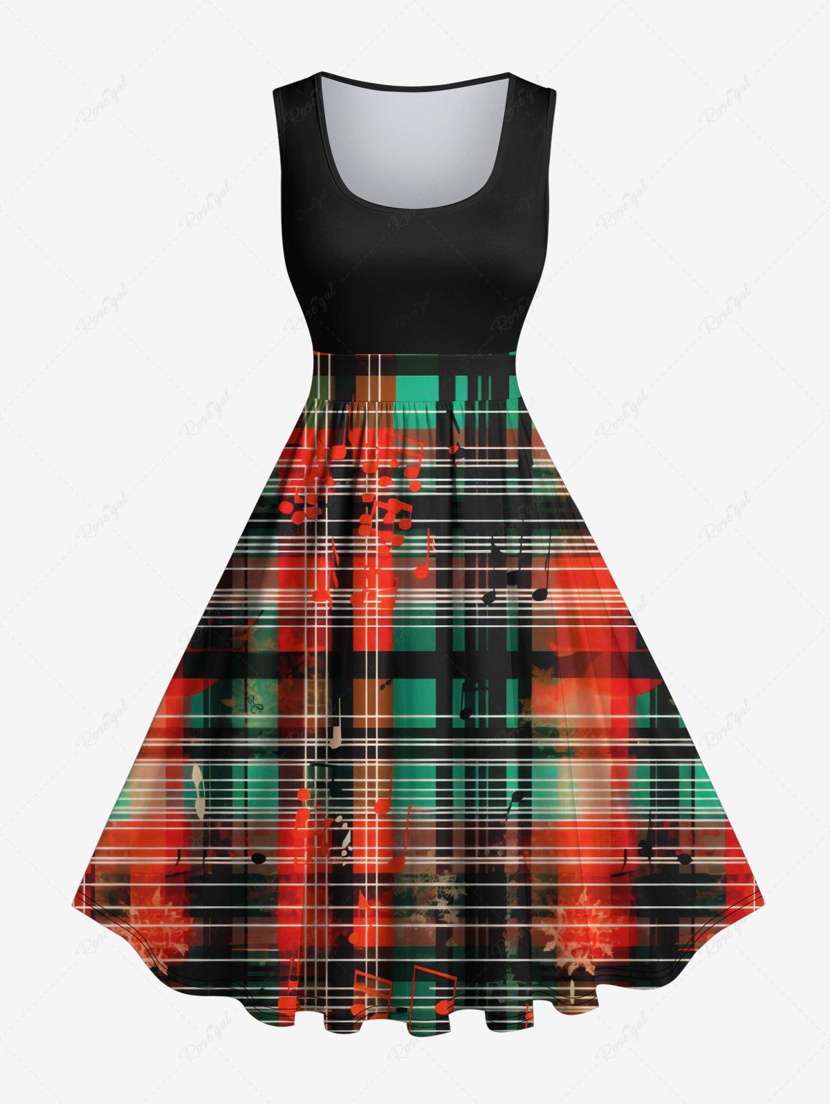 Trendy Plus Size Christmas Plaid Music Symbol Snowflake Print Vintage Swing A Line Dress  