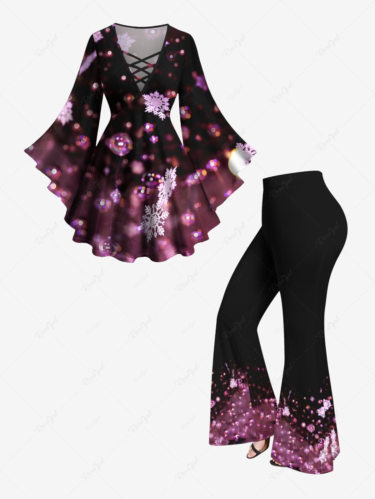 Outfits Christmas Snowflake Ombre Bubble Print Lattice Long Sleeves T-shirt and Flare Pants Plus Size Matching Set  