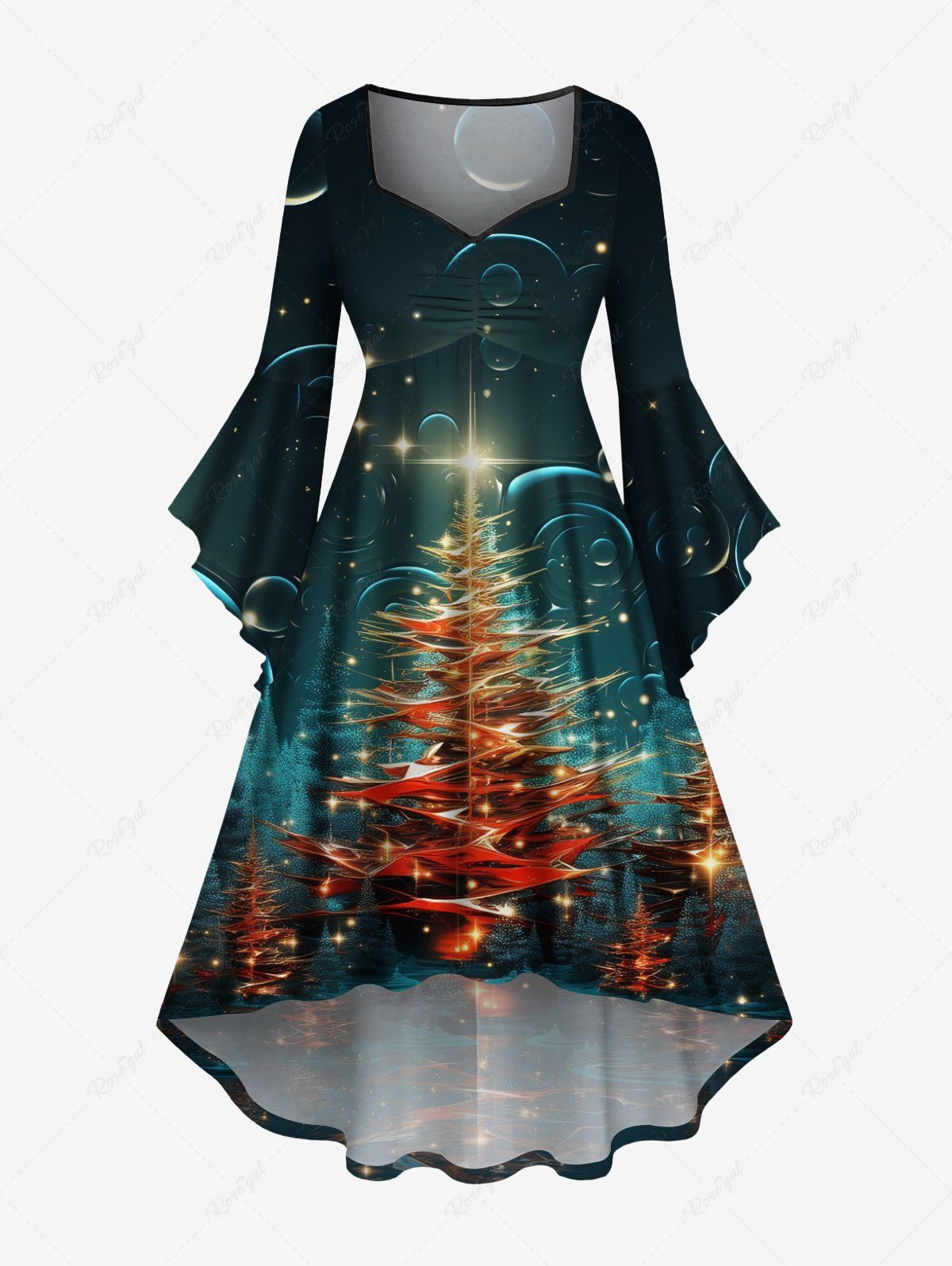 Outfits Plus Size Christmas Tree Star Glitter 3D Print Ruched Flare Sleeve High Low Dress  