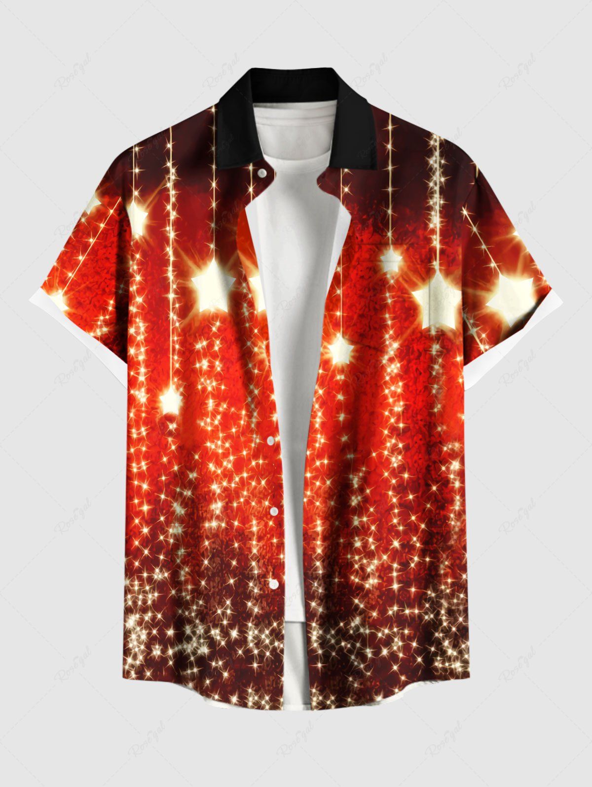 Chemise 3D Etoile Lumière et Frange Imprimées de Grande Taille avec Boutons à Paillettes pour Homme Rouge 4XL