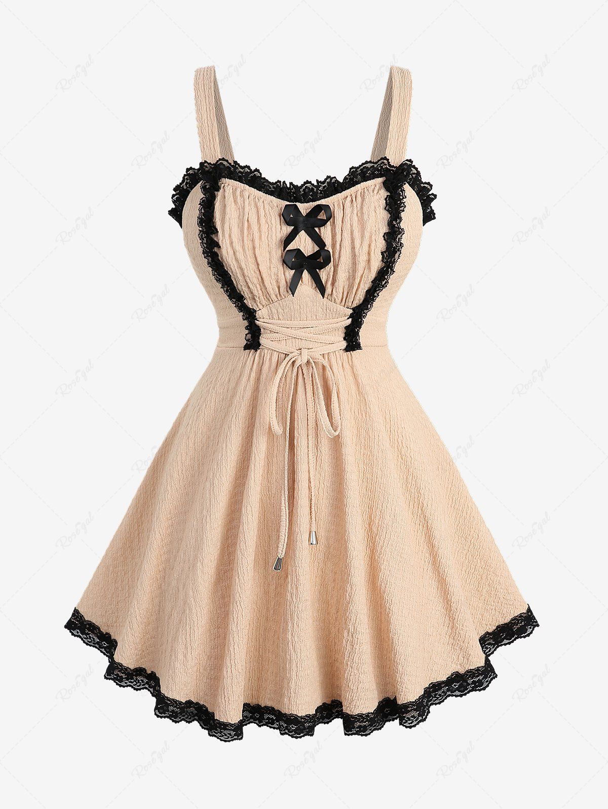 Buy Plus Size Bowknot Lace Trim Lace-up Two Tone Textured Tank Top  