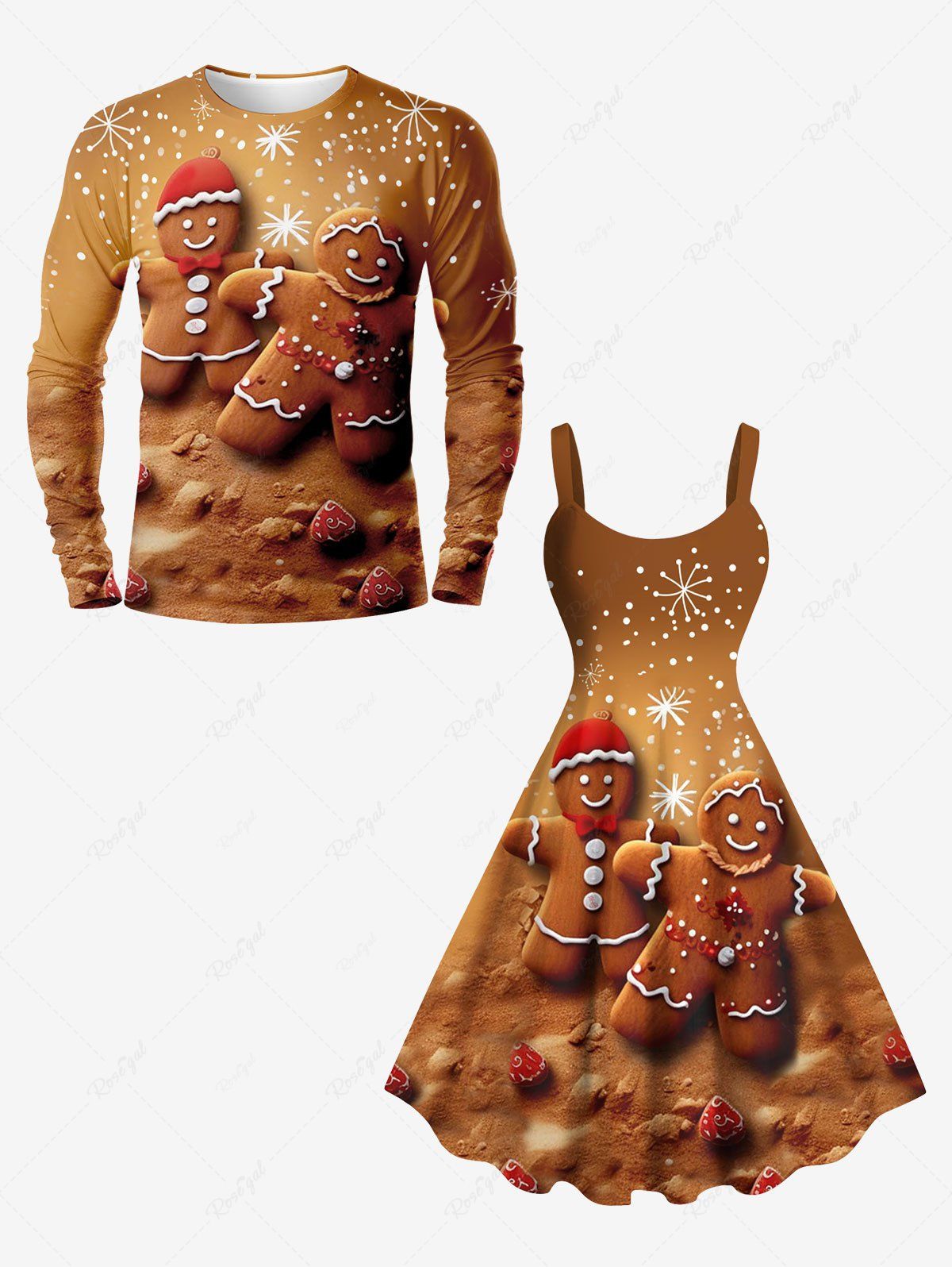 Tenue Adorable à Imprimé Flocons de Neige et Pain D'Épice pour Noël Grande-Taille café 