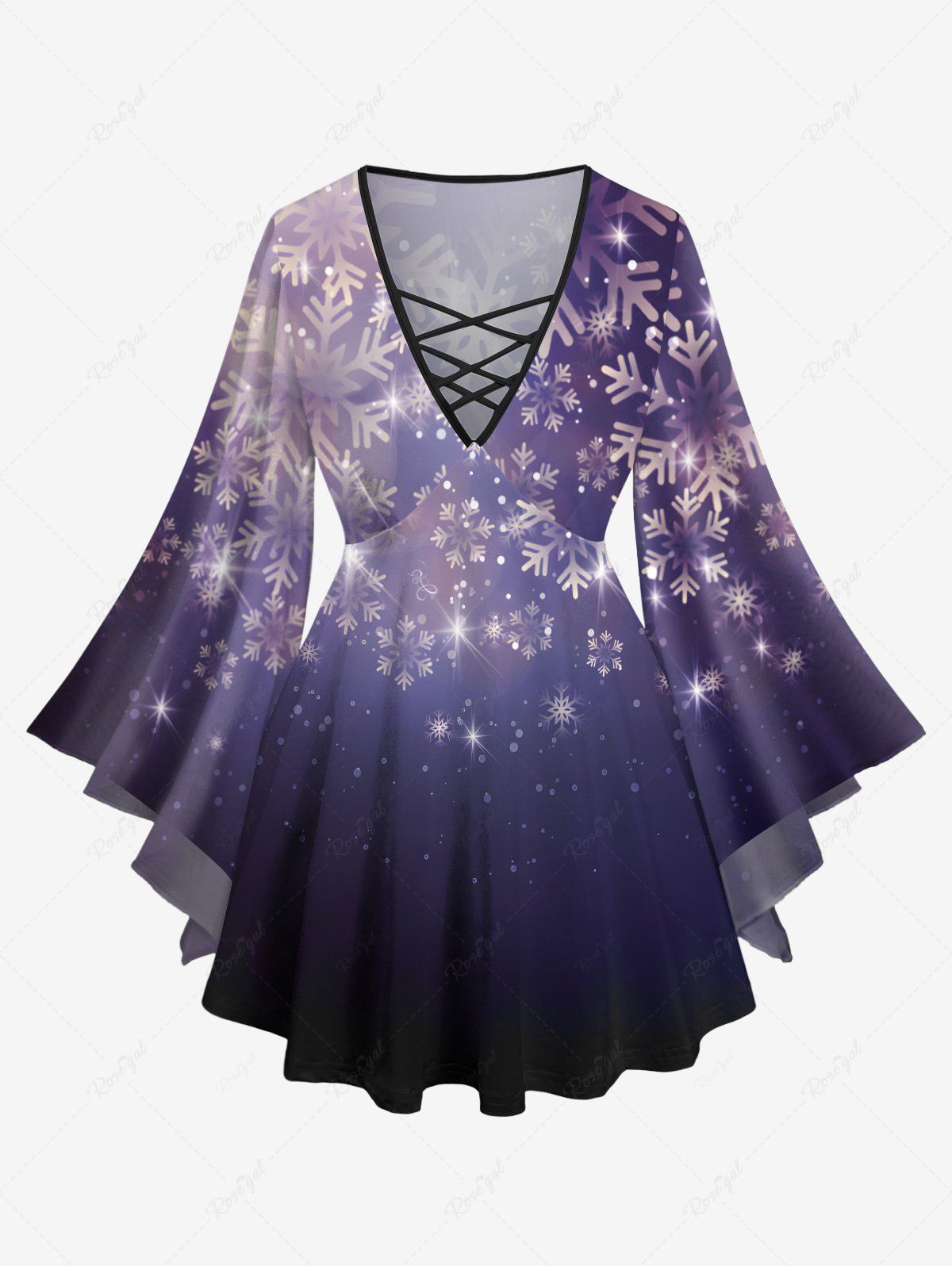 Affordable Plus Size Christmas Snowflake Glitter 3D Print Lattice Crisscross Flare Sleeve T-shirt  