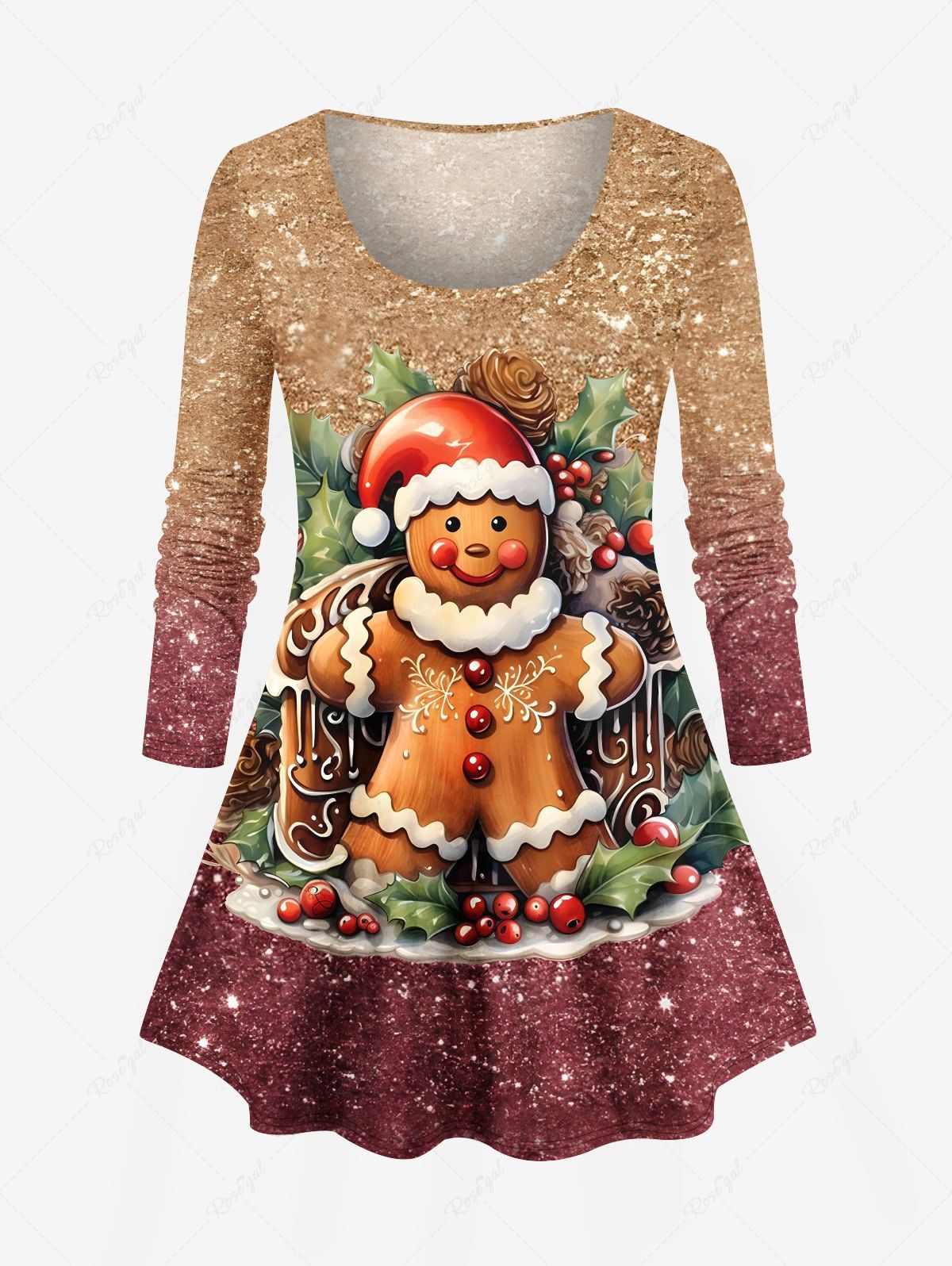 Hot Plus Size Christmas Gingerbread Holy Fruit Leaf Sparkling Sequin 3D Print T-shirt  