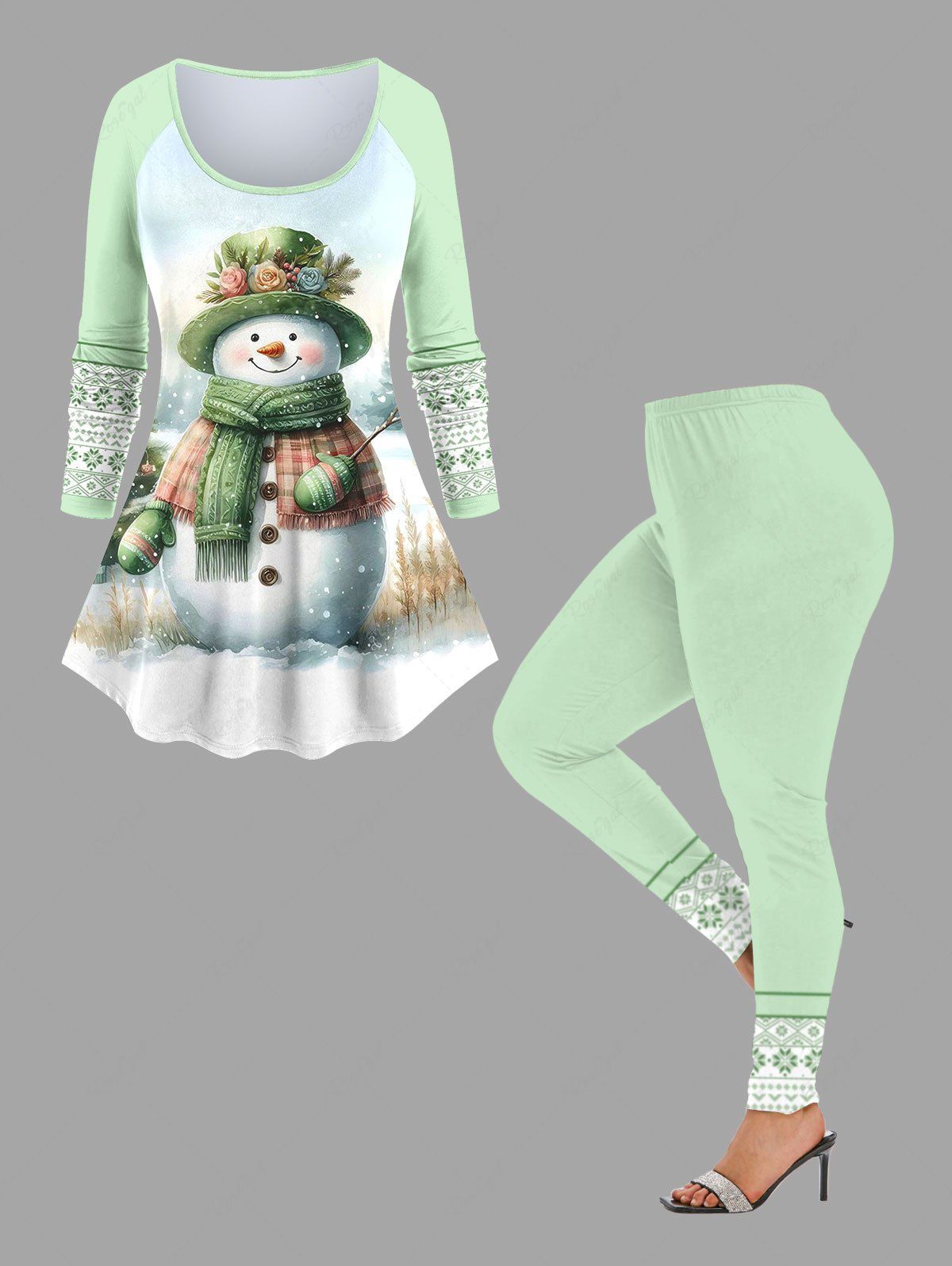 Latest Christmas Tree Ball Snowman Snowflake Zig Zag Geometric Floral Print Plus Size Matching Set  