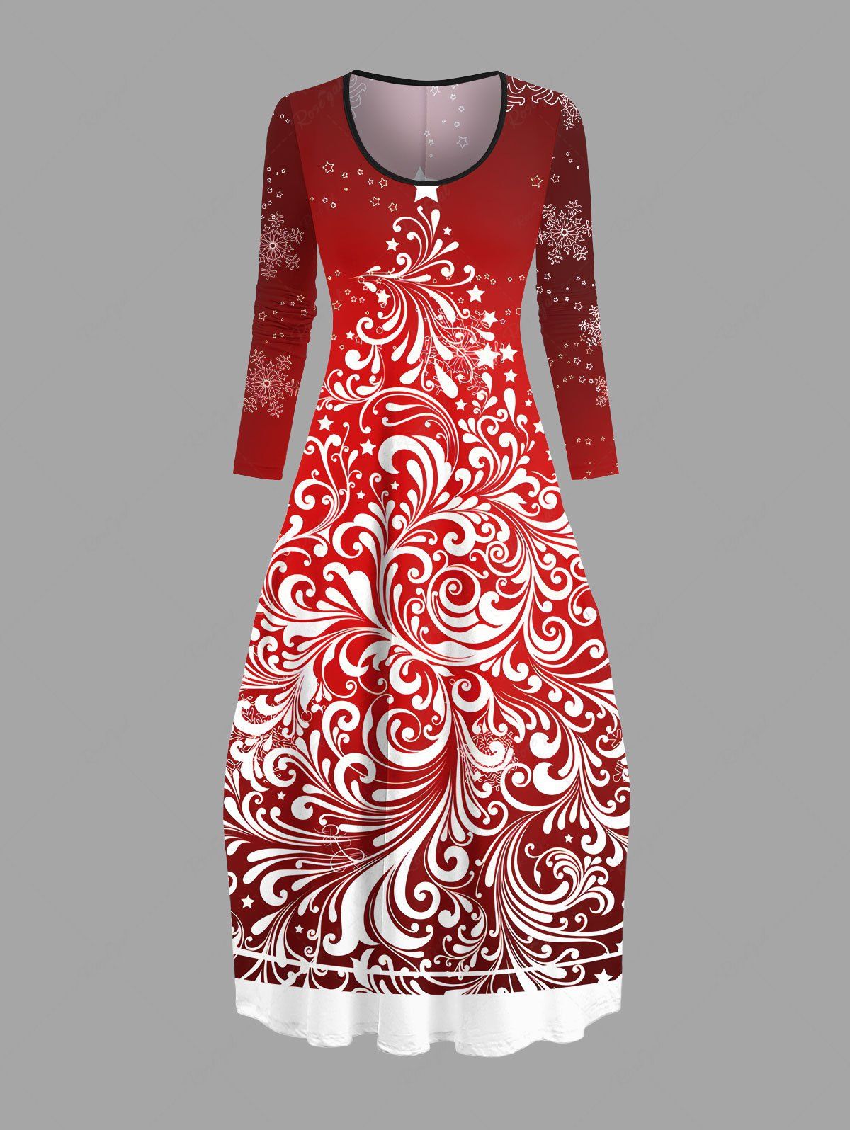 Outfits Christmas Tree Floral Snowflake Ombre Print Pockets Long Sleeve Maxi Dress  