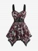 Plus Size Skull Star Flocking Tie Dye Print Mesh Lace Trim Ruched Chains Panel Tank Top -  