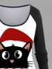 Plus Size Christmas Hat Cat Letters Print Long Sleeves T-shirt -  