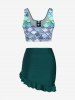 Mermaid Print Lace Up Three Piece Tankini Swimsuit -  