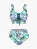 Mermaid Print Lace Up Three Piece Tankini Swimsuit -  