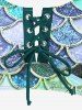 Mermaid Print Lace Up Three Piece Tankini Swimsuit -  