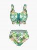 Mermaid Print Lace Up Three Piece Tankini Swimsuit -  