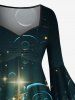 Plus Size Christmas Tree Star Glitter 3D Print Ruched Flare Sleeve High Low Dress -  