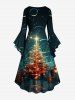 Plus Size Christmas Tree Star Glitter 3D Print Ruched Flare Sleeve High Low Dress -  
