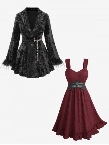Embossed Buttons Velvet Chain Coat and Textured Crinkle PU Strap Belted Dress Plus Size Outfit - BLACK
