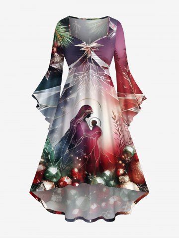 Plus Size Gemstone Christmas Tree Jesus Birth Print Ombre Ruched High Low Asymmetric Dress - MULTI-A - S