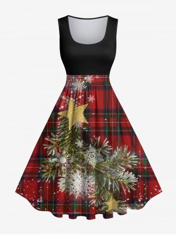 Plus Size Christmas Tree Snowflake Star Plaid Print Vintage Swing A Line Dress - RED - 2X