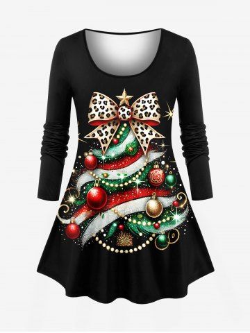 Plus Size Glitter Christmas Tree Ball Leopard Bowknot Stars Print Long Sleeves T-shirt - BLACK - S