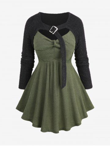 Ribbed Cami Top Sweater and Buckle Fluffy Shrug Top and Button Wide Leg Pants Plus Size Outfit