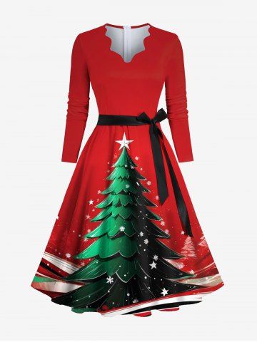 Plus Size Christmas Tree Star Snowflake Print Scalloped V Neck Dress With A Belt - RED - 2XL