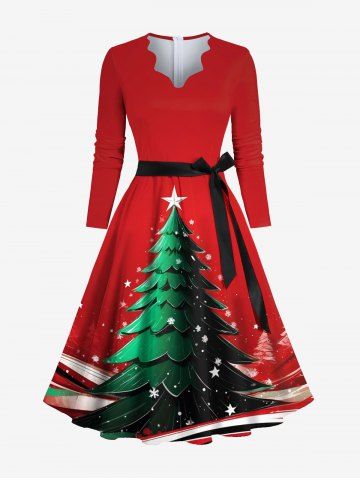 Plus Size Christmas Tree Star Snowflake Print Scalloped V Neck Dress With A Belt - RED - 6XL