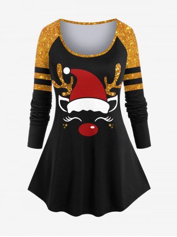 Plus Size Christmas Hat Elk Sparkling Sequin 3D Print Raglan Sleeve T-shirt - BLACK - XS