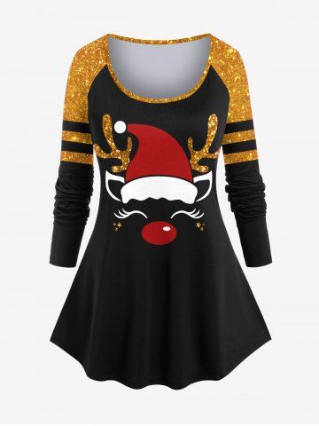 Plus Size Christmas Hat Elk Sparkling Sequin 3D Print Raglan Sleeve T-shirt - BLACK - S