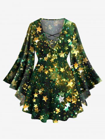 Plus Size Christmas Star Sparkling Sequin Glitter 3D Print Lattice Crisscross Flare Sleeve T-shirt - BLACK - XS