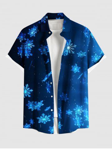 Plus Size Christmas Snowflake Ombre Galaxy Print Button Pocket Shirt For Men - BLACK - S