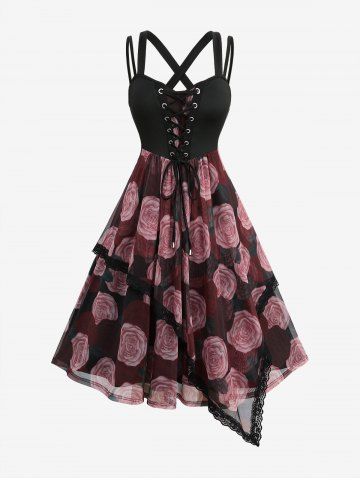 Plus Size Rose Flower Print Mesh Lace Trim Lace-up Crisscross Back Asymmetric Dress - BLACK - 2X | US 18-20