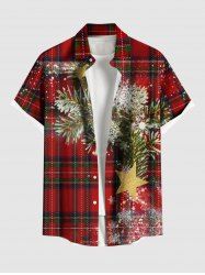 Chemise à Carreaux Etoile Flocon de Neige et Sapin de Noël Imprimés Boutonnée avec Poche de Grande Taille pour Homme - Rouge XL